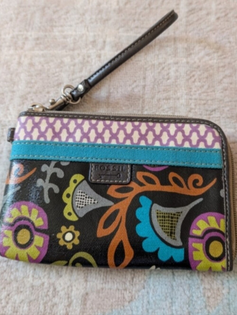 Fossil Colorful Floral Bird Wristlet Wallet- Black, Teal, Purple, Orange